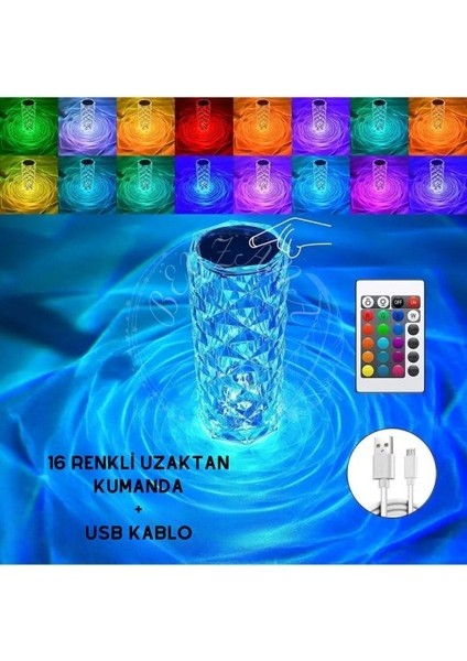 Kristal Elmas Masa Lambası Kumandalı 16 Renk USB Şarjlı Dokunmatik Romantik Gül Işık Gece Lambası modelleri