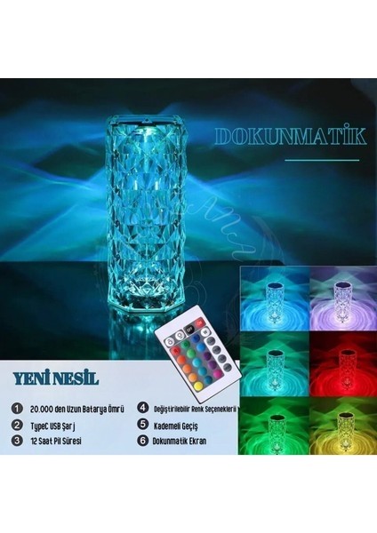 Kristal Elmas Masa Lambası Kumandalı 16 Renk USB Şarjlı Dokunmatik Romantik Gül Işık Gece Lambası indirimleri