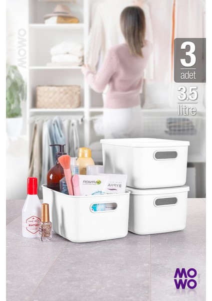 3'lü Beyaz Çok Amaçlı Kapaklı Saklama Kutusu, Organizer, 3,5 Lt