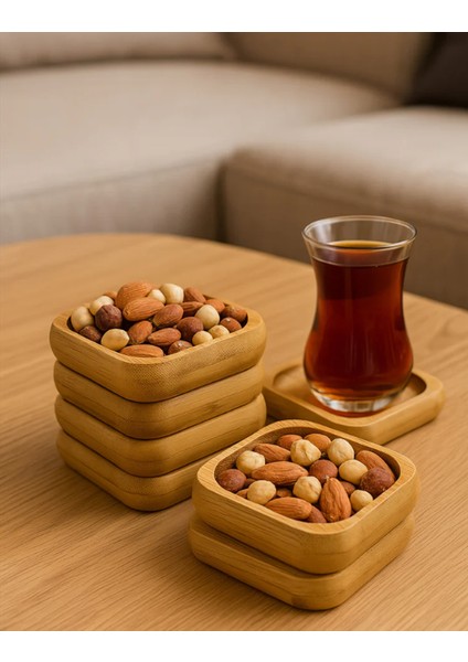 Pinterest Stil 3'lü Doğal Bambu Çerezlik Seti Ahşap Dekoratif Sade Kase Kare Atıştırmalık Kabı