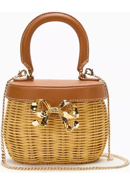 Self-Portraıt Bow Basket Çanta Naturel Rattan & Altın Detaylı Zarif Mini Tote