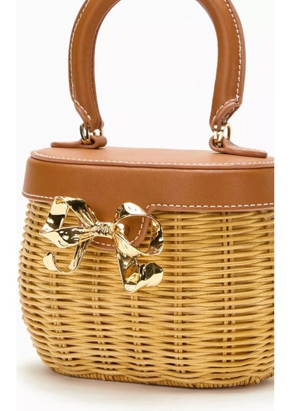 Self-Portraıt Bow Basket Çanta Naturel Rattan & Altın Detaylı Zarif Mini Tote modelleri