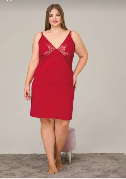 Kadın Büyük Beden Kırmızı Dantel Detaylı Örme Penye Likralı Gecelik