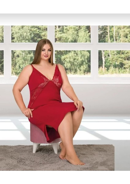 Kadın Büyük Beden Kırmızı Dantel Detaylı Örme Penye Likralı Gecelik fiyatları