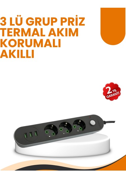 2 Metre Kablolu 3 USB Portlu Anahtarlı Üçlü Priz