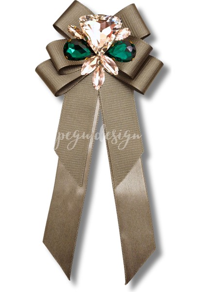 Shine Seri Kahve Ekru Yeşil Grogren Kurdele Kurdele Taşlı Yaka Çiçeği Broş Okul,iş,şal,gömlek