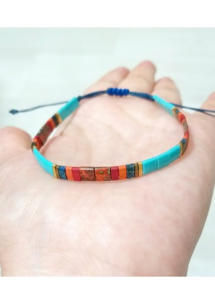 Turkuaz Rengi ve Çok Renkli Miyuki Tila Boncuklu Bileklik