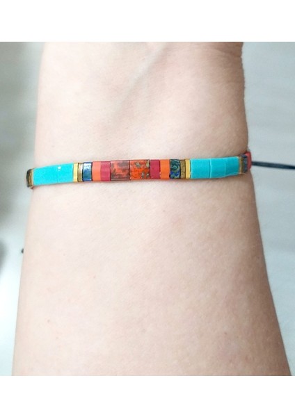 Turkuaz Rengi ve Çok Renkli Miyuki Tila Boncuklu Bileklik