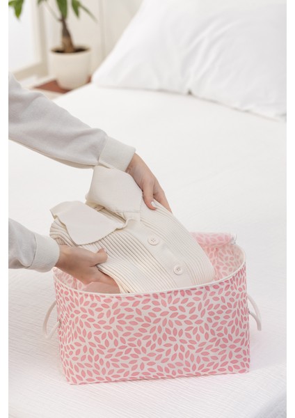 Pudra Yaprak Baskılı Baza Altı ve Valiz Düzenleyici Hurç, 30X22X18, Pembe
