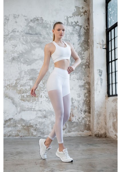 Dar Kesim Ekstra Yüksek Bel Tül Detaylı Siyah Spor Tayt