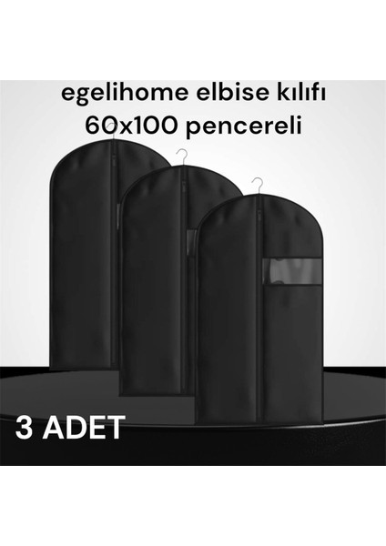 3'lü Siyah Şeffaf Pencereli Takım Elbise Kılıfı 60X102, Fermuarlı, Hafif ve Kaliteli