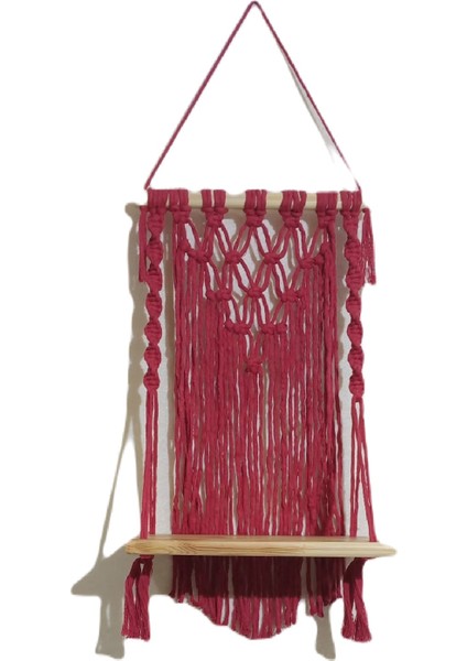 Kırmızı Ahşap Taranabilir Makrome Örgü Modelli Püsküllü Dekoratif Raflı Duvar Süsü Askısı