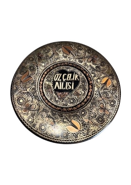 Özçelik Ailesi Yazılı Lale Çiçek Motifli El Işi Bakır Tabak Duvar Süsü