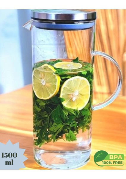 Metal Kapaklı Borosilikat Cam Sürahi 1500 ml - Ateşe Isıya Dayanıklı Sürahi