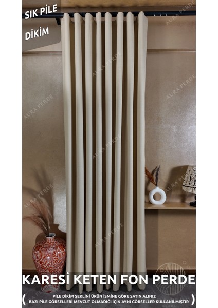 Keten Fon Perde- Bej Renk Sık Pileli Fon Perde-Karesi Kumaş Keten Fon Perde