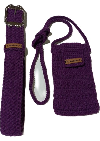 2'li Çanta Kemer Seti Mor Makrome Minibag Çıtçıtlı Askılı Çanta Metal Tokalı Geniş Kemer