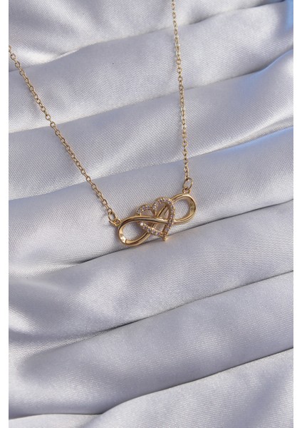316L Çelik Zincir Gold Renk Zirkon Taşlı Kalp Model Sonsuzluk Kolye - TJ-BKO8768