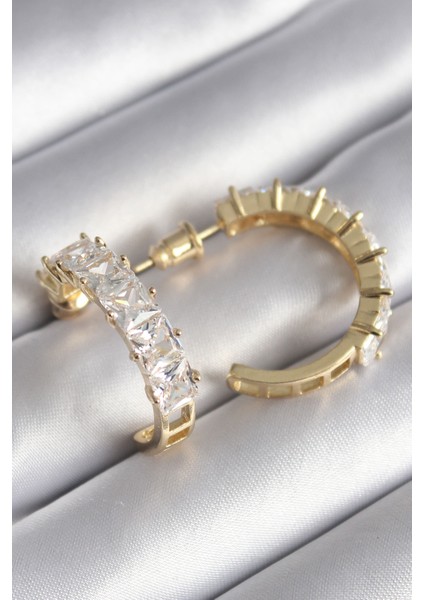 Pirinç Gold Renk Zirkon Taşlı Halka Model Kadın Küpe - TJ-BKP8609