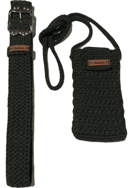 2'li Çanta Kemer Seti Haki Renk Makrome Minibag Çıtçıtlı Askılı Çanta Metal Tokalı Geniş Kemer