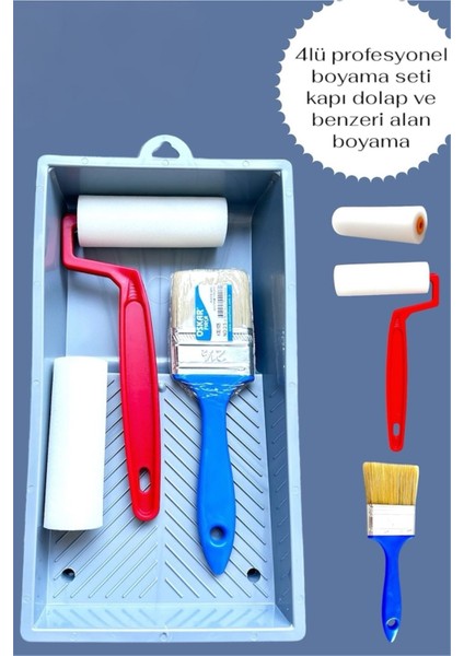 4'lü Profesyonel Boyacı Seti Kapı Dolap ve Benzeri Alan Boyama Fırça Plastik Saplı Rulo ve Rulo Yedek Başlığı