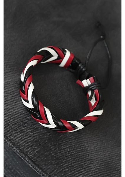 Bordo Beyaz Siyah Örgü Deri Erkek Bileklik - TJ-EB1846