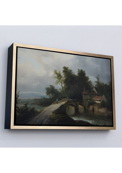Çerçeveli Dekoratif Kanvas Tablo 19. Yüzyılın Başları Köprülü Fransız Köy Okulu Manzara TABLOSU-7015
