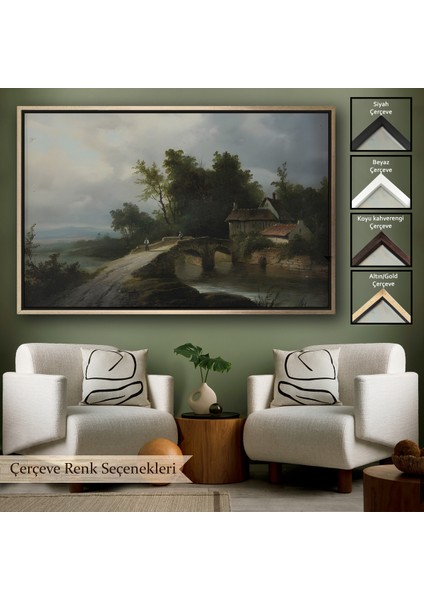 Çerçeveli Dekoratif Kanvas Tablo 19. Yüzyılın Başları Köprülü Fransız Köy Okulu Manzara TABLOSU-7015
