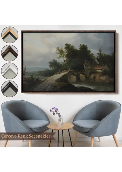 Çerçeveli Dekoratif Kanvas Tablo 19. Yüzyılın Başları Köprülü Fransız Köy Okulu Manzara TABLOSU-7015