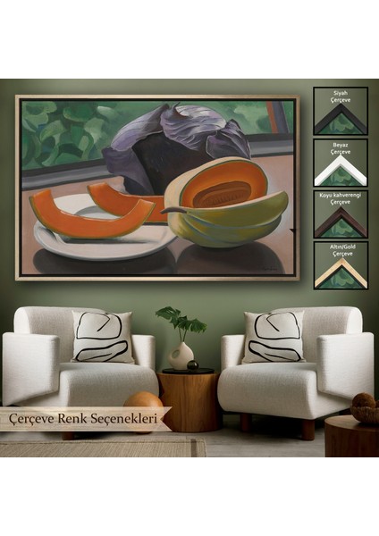 Çerçeveli Dekoratif Kanvas Tablo, Auguste Herbin - Kavunlu Natürmort - Still Life With MELON-7101