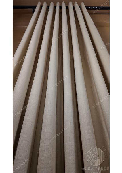 Keten Fon Perde- Bej Renk Sık Pileli Fon Perde-Karesi Kumaş Keten Fon Perde modelleri