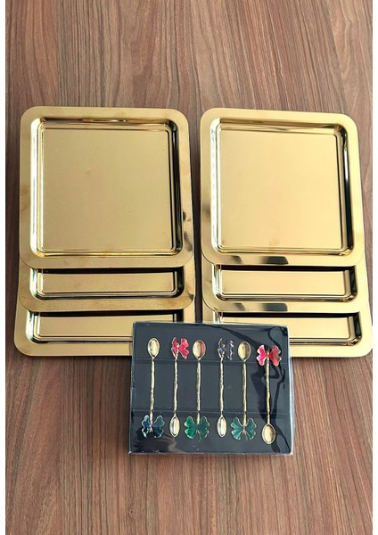 6lı Lüks Gold Kare Sunum Tepsisi / 6lı Dekor Kaşık Hediyeli