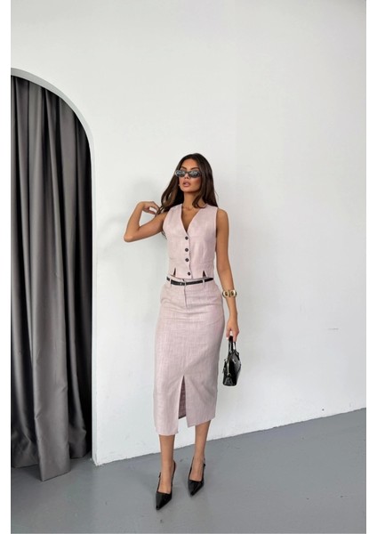 Yelek-Önden Yırtmaçlı Etek Tk Şantuk Keten - Lila fırsatları