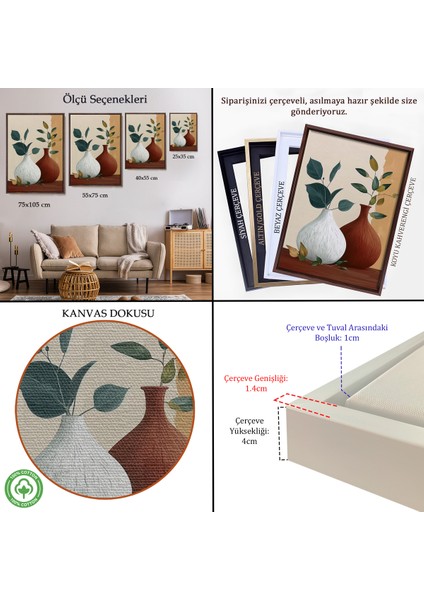 Çerçeveli Dekoratif Kanvas Tablo, Vazoların Içindeki Yapraklar TABLO-7556 indirimleri