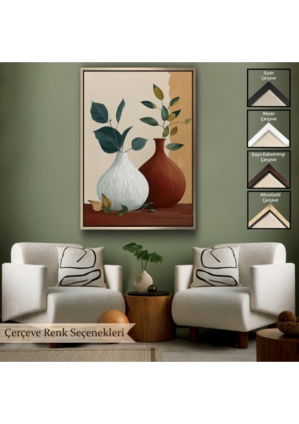Çerçeveli Dekoratif Kanvas Tablo, Vazoların Içindeki Yapraklar TABLO-7556