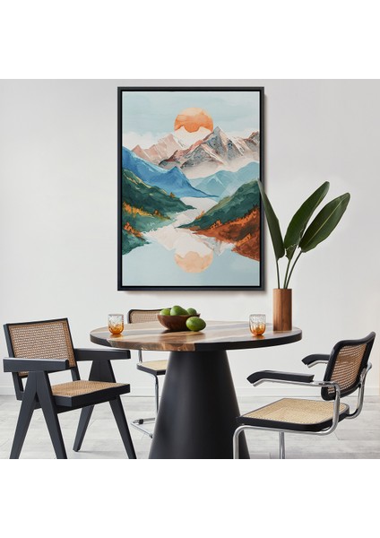 Çerçeveli Dekoratif Kanvas Tablo, Dağların Arasındaki Güneş Manzarası TABLO-7617