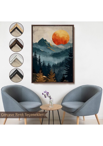 Çerçeveli Dekoratif Kanvas Tablo, Dağların Üstündeki Güneş Manzarası TABLO-7645