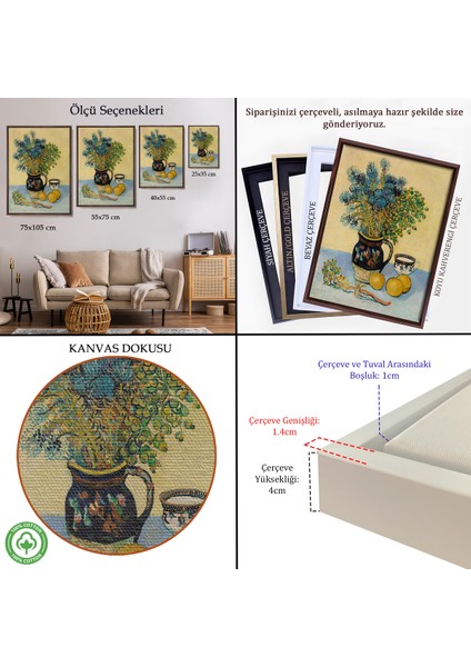 Çerçeveli Kanvas Tablo, Natürmort Kır Çiçekleri ile Majolica Tarzı Sürahi - Vincent Van GOGH-7451 indirimleri