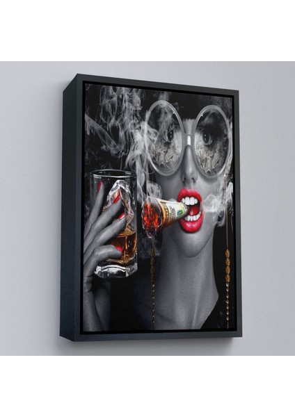 Çerçeveli Dekoratif Kanvas Tablo, Dolar ile Gözlüklü Sigara Içen Kadın TABLOSU-7797