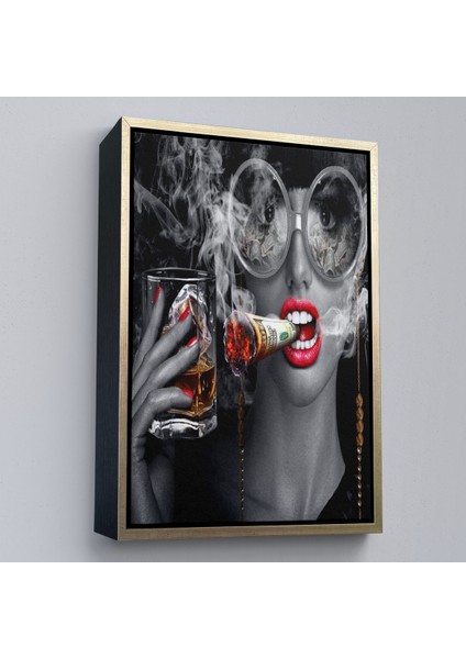 Çerçeveli Dekoratif Kanvas Tablo, Dolar ile Gözlüklü Sigara Içen Kadın TABLOSU-7797 modelleri