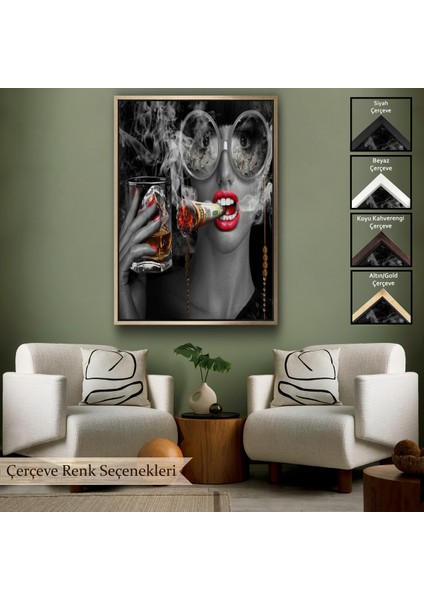 Çerçeveli Dekoratif Kanvas Tablo, Dolar ile Gözlüklü Sigara Içen Kadın TABLOSU-7797