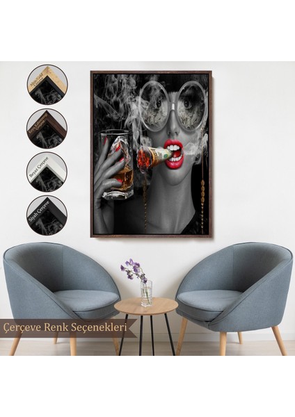 Çerçeveli Dekoratif Kanvas Tablo, Dolar ile Gözlüklü Sigara Içen Kadın TABLOSU-7797