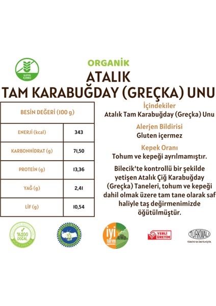 Organik Atalık Karabuğday (Greçka) Unu (Gluten İçermez) - 20 Kilo fiyatları