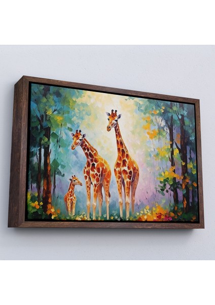 Çerçeveli Dekoratif Kanvas Tablo, Ormandaki Ağaçların Altında Dinlenen Zürafa Aile TABLOSU-7229