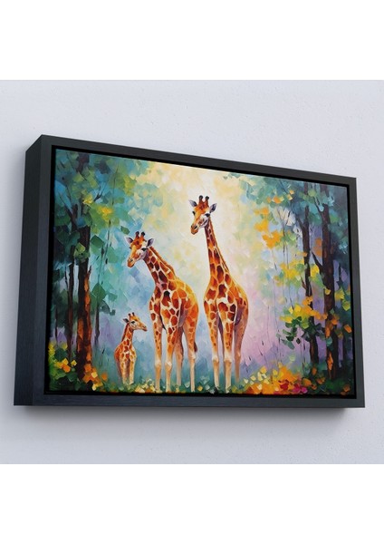 Çerçeveli Dekoratif Kanvas Tablo, Ormandaki Ağaçların Altında Dinlenen Zürafa Aile TABLOSU-7229 modelleri