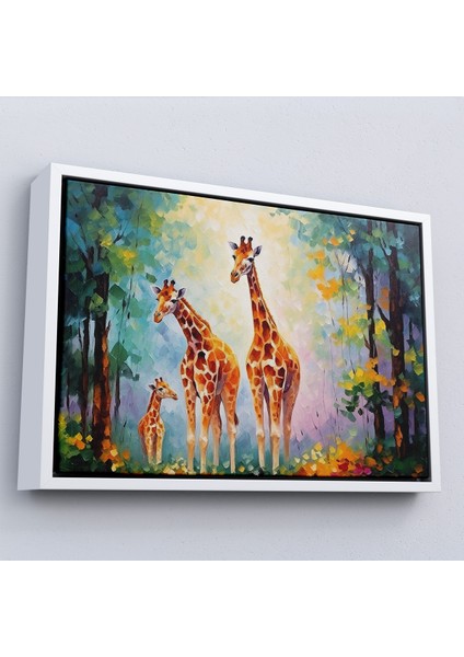 Çerçeveli Dekoratif Kanvas Tablo, Ormandaki Ağaçların Altında Dinlenen Zürafa Aile TABLOSU-7229 fırsatları