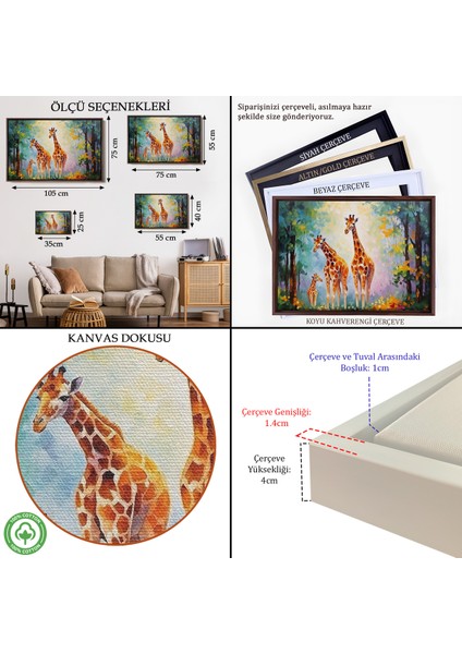 Çerçeveli Dekoratif Kanvas Tablo, Ormandaki Ağaçların Altında Dinlenen Zürafa Aile TABLOSU-7229 indirimleri