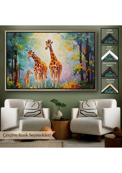 Çerçeveli Dekoratif Kanvas Tablo, Ormandaki Ağaçların Altında Dinlenen Zürafa Aile TABLOSU-7229