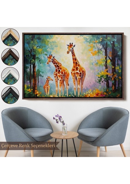 Çerçeveli Dekoratif Kanvas Tablo, Ormandaki Ağaçların Altında Dinlenen Zürafa Aile TABLOSU-7229
