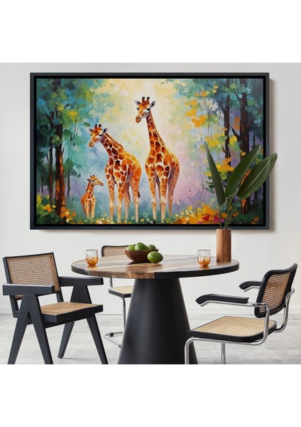 Çerçeveli Dekoratif Kanvas Tablo, Ormandaki Ağaçların Altında Dinlenen Zürafa Aile TABLOSU-7229