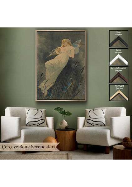 Çerçeveli Dekoratif Kanvas Tablo, Alphonse Mucha'nın Iris Çiçekleriyle Elf TABLO-7288